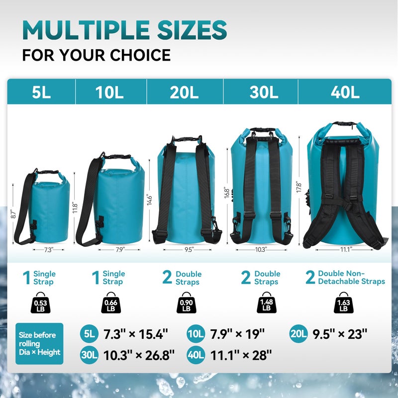 MARCHWAY Floating Waterproof Dry Bag Backpack 5L/10L/20L/30L/40L, Roll Top Sack Keeps Gear Dry for Kayaking, Rafting, Boating, Swimming, Camping, Hiking, Beach, Fishing (Teal, 40L) - Image 4